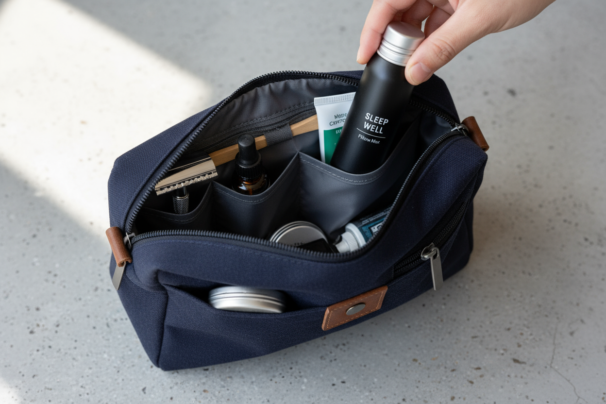 a pillow spray being packed into a male wash bag