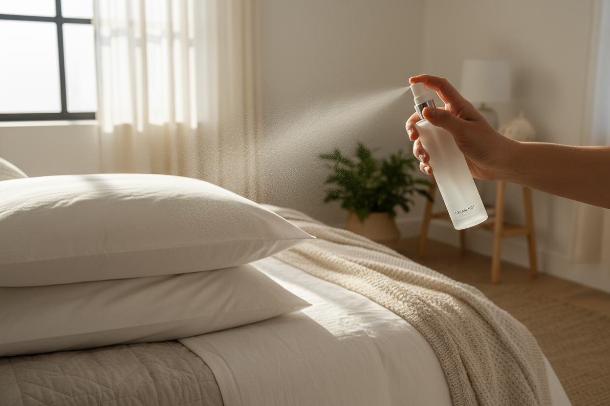 a pillow spray being used on a bed in a home