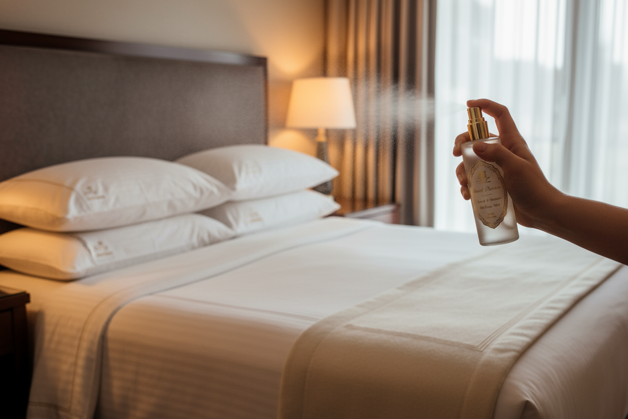 pillow spray being used in a hotel room
